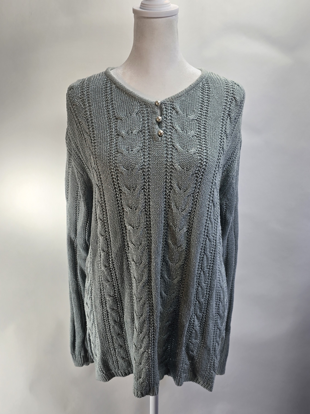 Worthington Sage Green V-Neck Cable Knit Sweater with Button Detail. 60% Silk